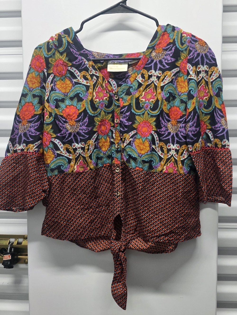 Anthropologie Maeve Black Multicolor Floral Tie-Front Blouse Bohemian Women  2